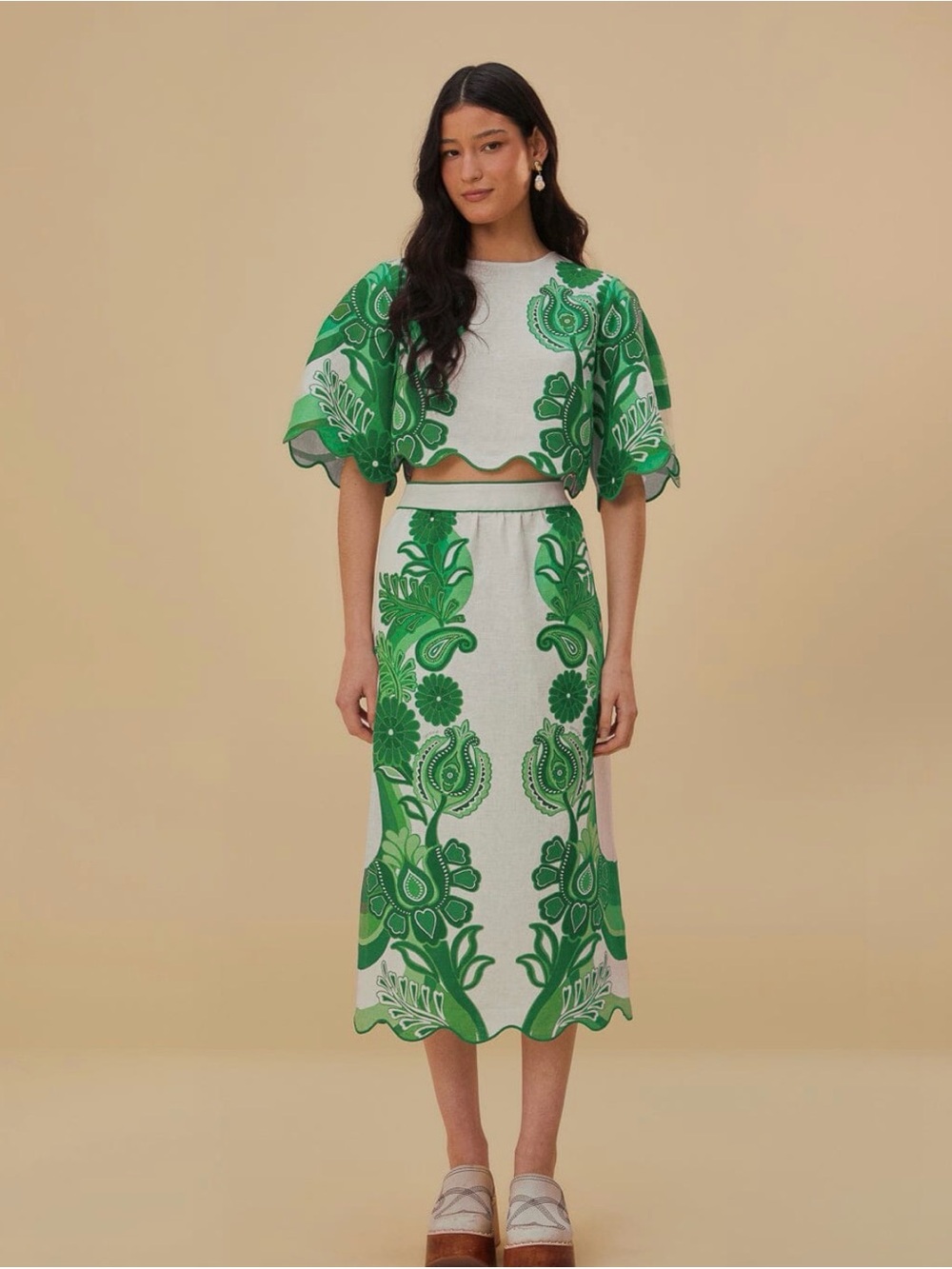 FARM Rio Green & White Floral Cropped Top and Skirt Set